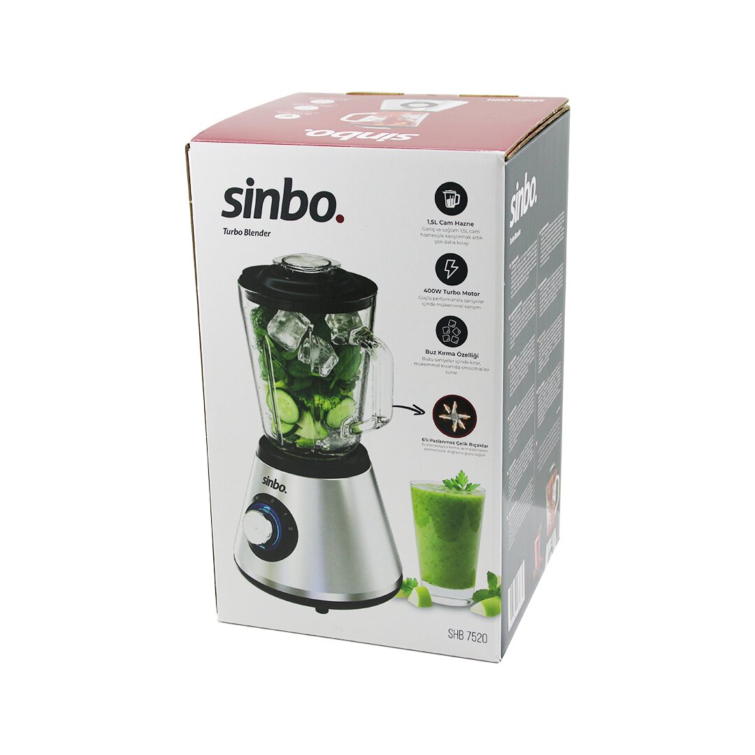 TURBO DOĞRAYICI BLENDER BUZ KIRICI 6LI BIÇAK=PASLANMAZ ÇELİK - 1.5LT CAM HAZNE 2 KADEME HIZ 400W 18000 DEVİR/DK HAZNE=1.6LT SHB-7520 (5643)