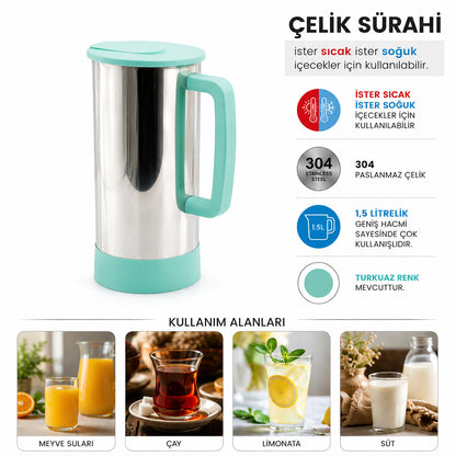 TURKUAZ - PASLANMAZ ÇELİK SICAK - SOĞUK ÇELİK SÜRAHİ (5643)