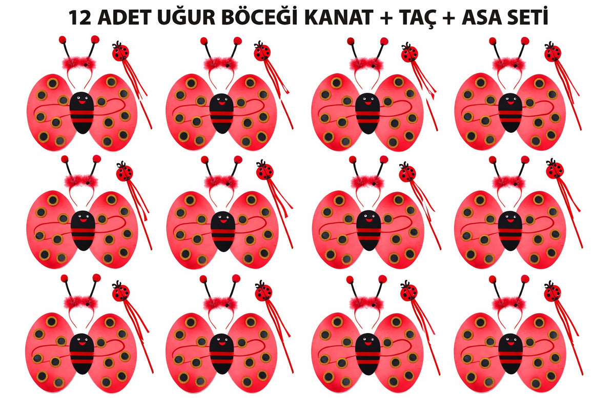 Uğur Böceği Kostüm Seti - Kanat Taç Asa 3 Parça 12 Adet (5643)