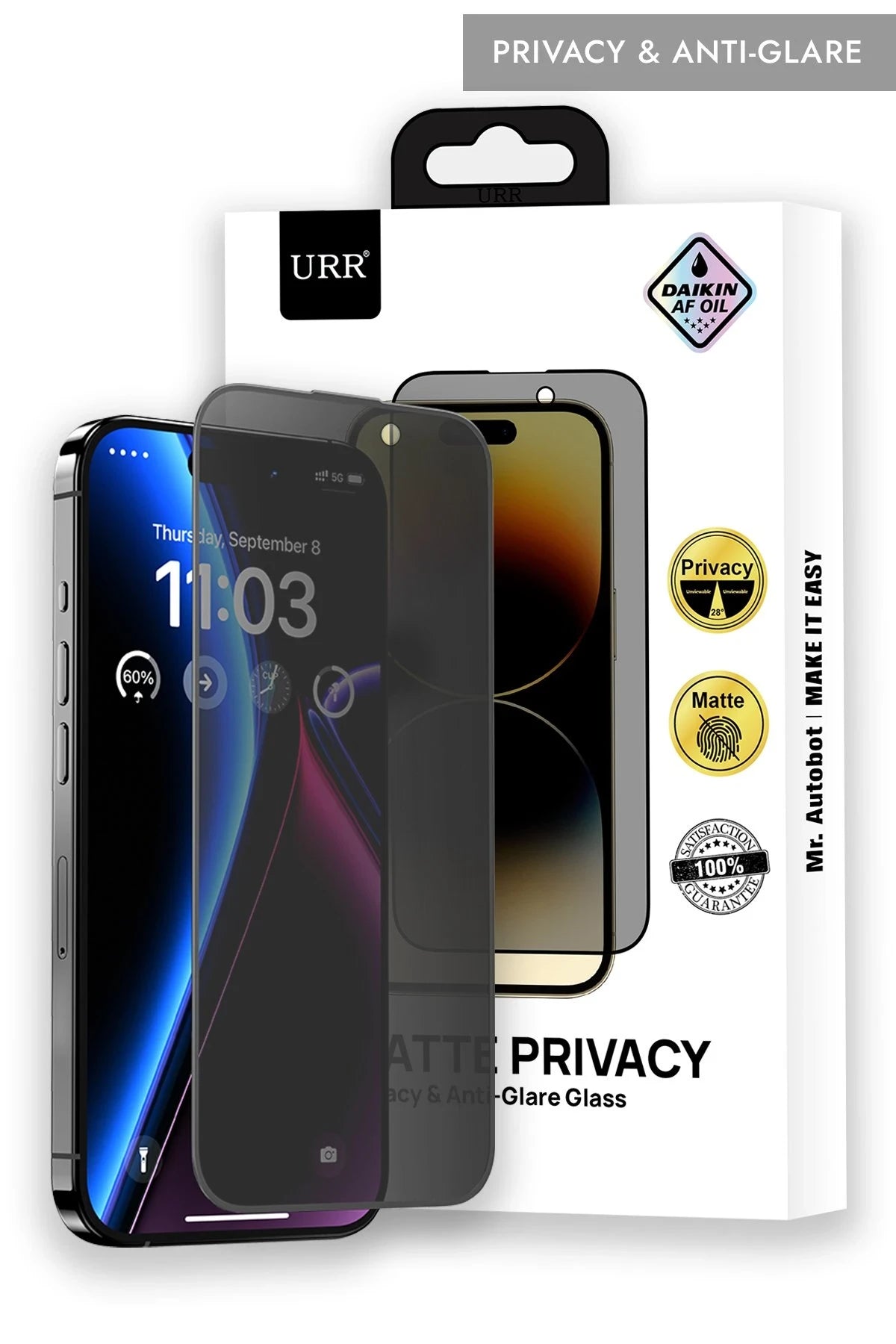 URR Apple iPhone 14 Pro Max Matte Privacy Cam Ekran Koruyucu - Siyah