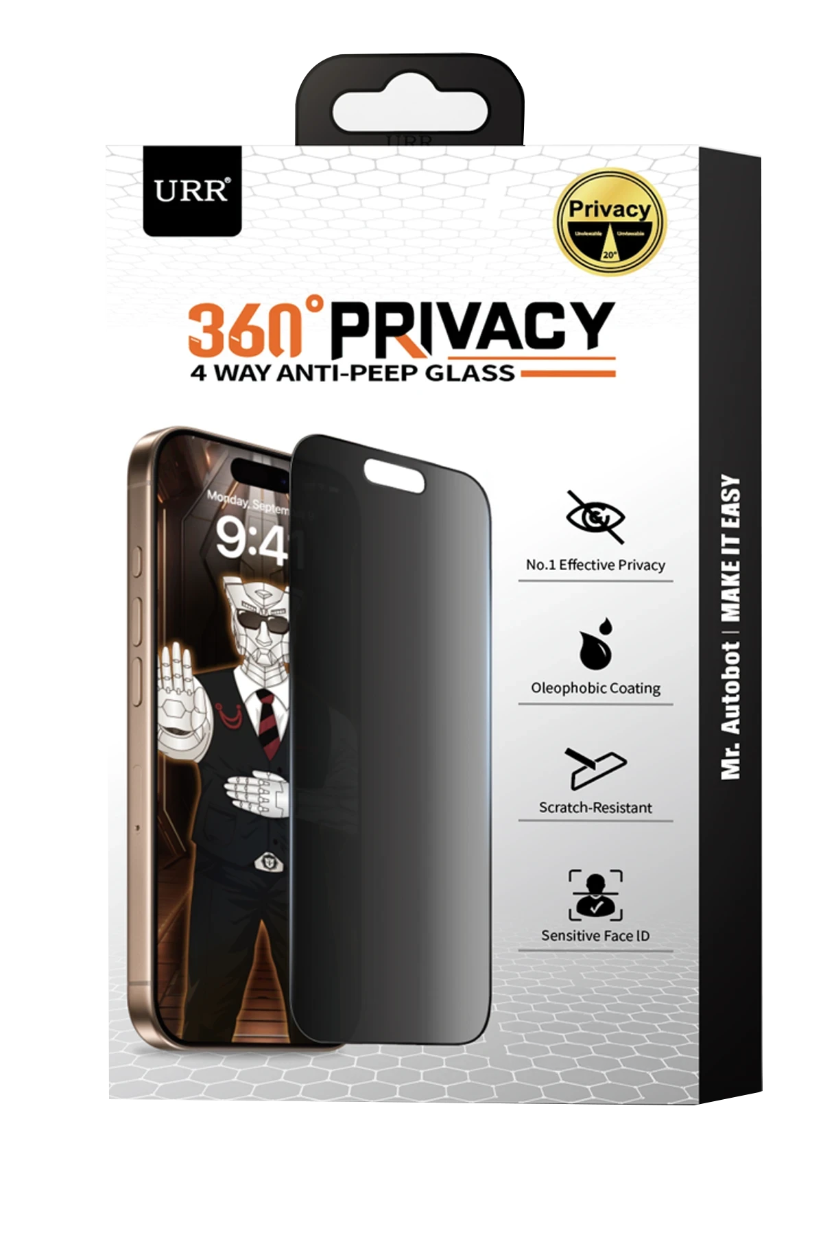 URR Apple iPhone 16 Pro Max 4 Way Anti Spy 360 Privacy Cam Ekran Koruyucu - Siyah