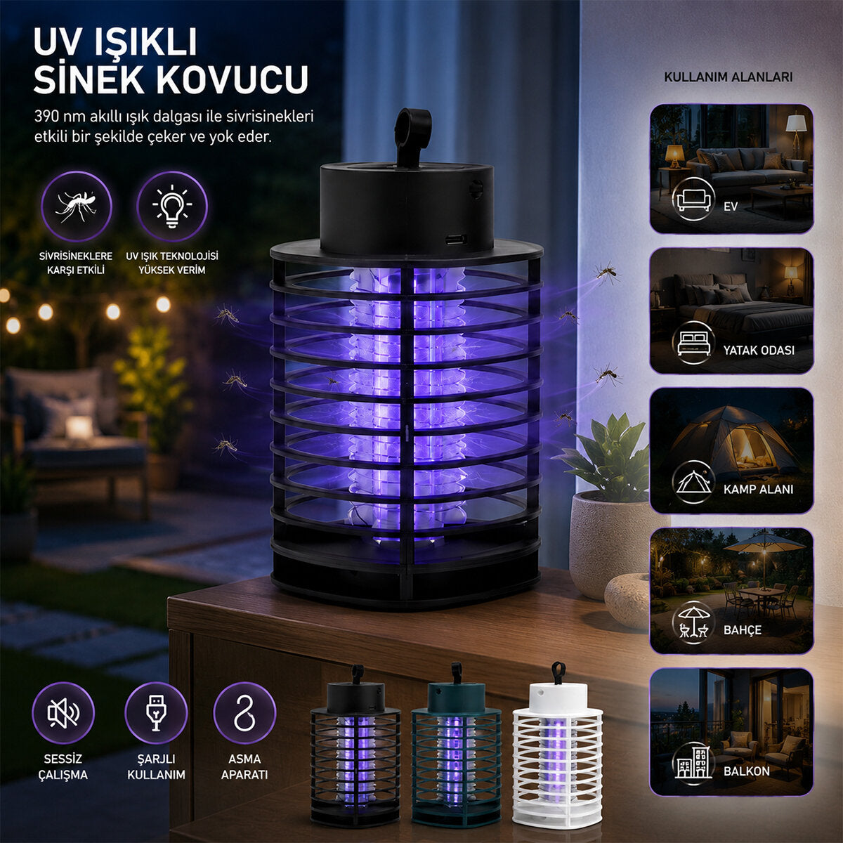 USB ŞARJLI - 2 RENK IŞIK ASMA APARAT - SESSİZ ÇALIŞMA UV IŞIKLI SİNEK KOVUCU HS-373 (5643)