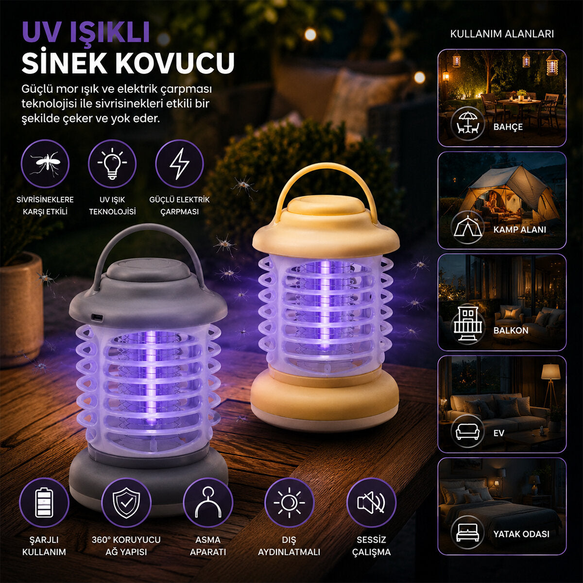 USB ŞARJLI - 2 RENK IŞIK ASMA APARAT - SESSİZ ÇALIŞMA UV IŞIKLI SİNEK KOVUCU HS-376 (5643)