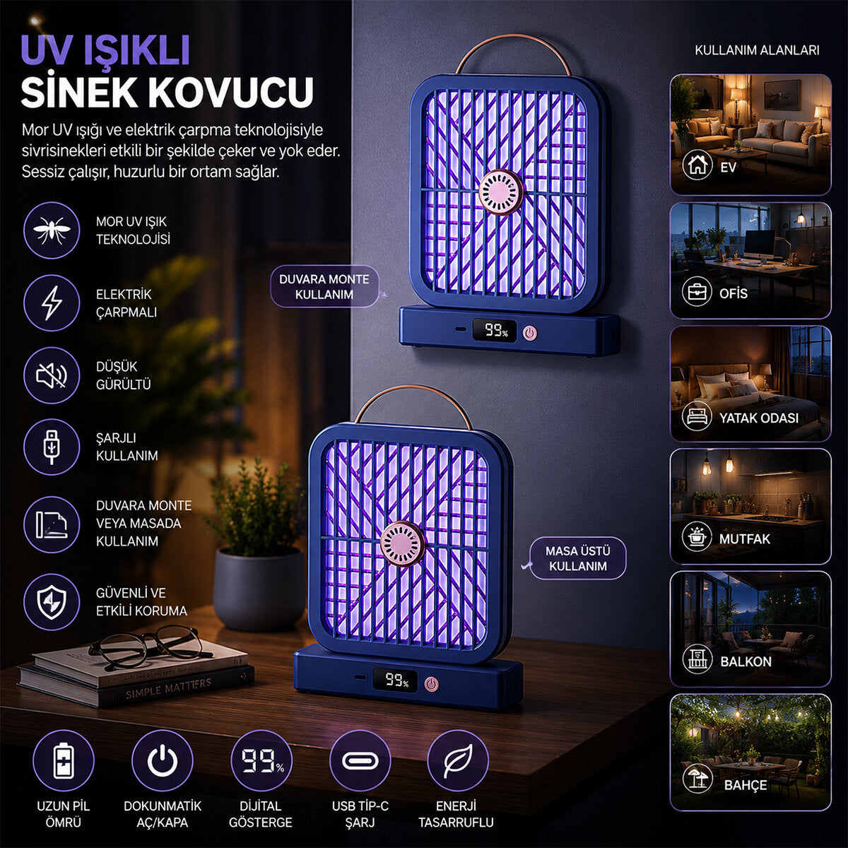 USB ŞARJLI - ELEKTRİK ÇARPMALI - DİJİTAL EKRAN ASMA APARAT - SESSİZ ÇALIŞMA UV IŞIKLI SİNEK KOVUCU HS-371 (5643)