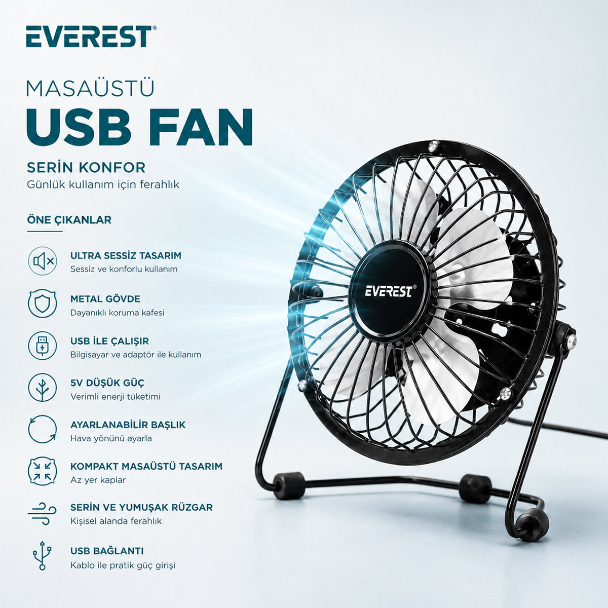 USB ŞARJLI - METAL GÖVDE 14.5X7.5X15CM MİNİ MASAÜSTÜ FAN - VANTİLATÖR EFN-482 (5643)