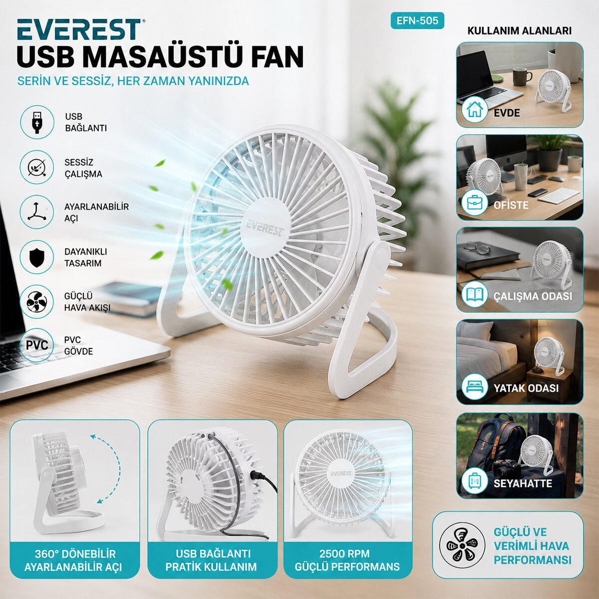USB ŞARJLI - PVC GÖVDE 14.5X14.1CM MASA ÜSTÜ FAN - VANTİLATÖR EFN-505 (5643)