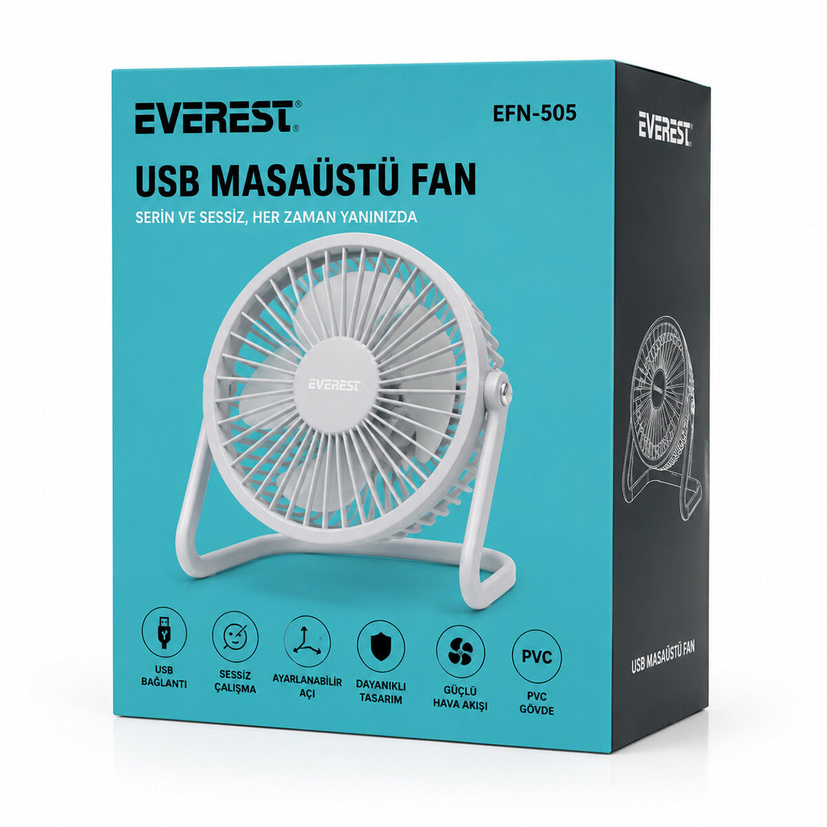 USB ŞARJLI - PVC GÖVDE 14.5X14.1CM MASA ÜSTÜ FAN - VANTİLATÖR EFN-505 (5643)