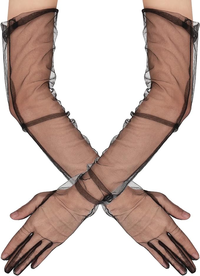 Uzun Boy Likralı Siyah Renk Yetişkin Mega Tül Eldiven 53 cm (5643)