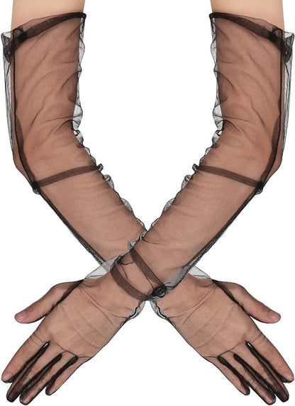 Uzun Boy Likralı Siyah Renk Yetişkin Mega Tül Eldiven 53 cm (5643)