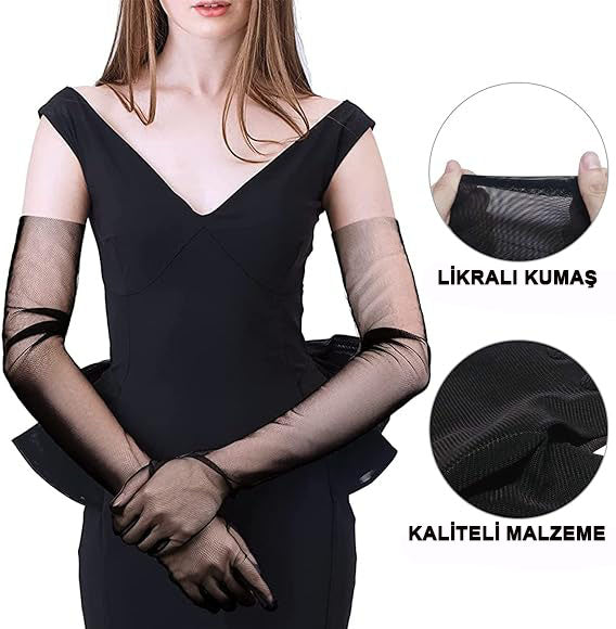 Uzun Boy Likralı Siyah Renk Yetişkin Mega Tül Eldiven 53 cm (5643)