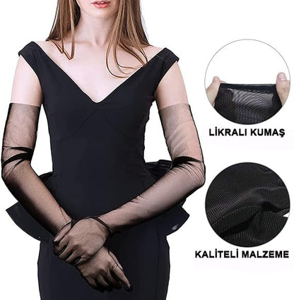 Uzun Boy Likralı Siyah Renk Yetişkin Mega Tül Eldiven 53 cm (5643)