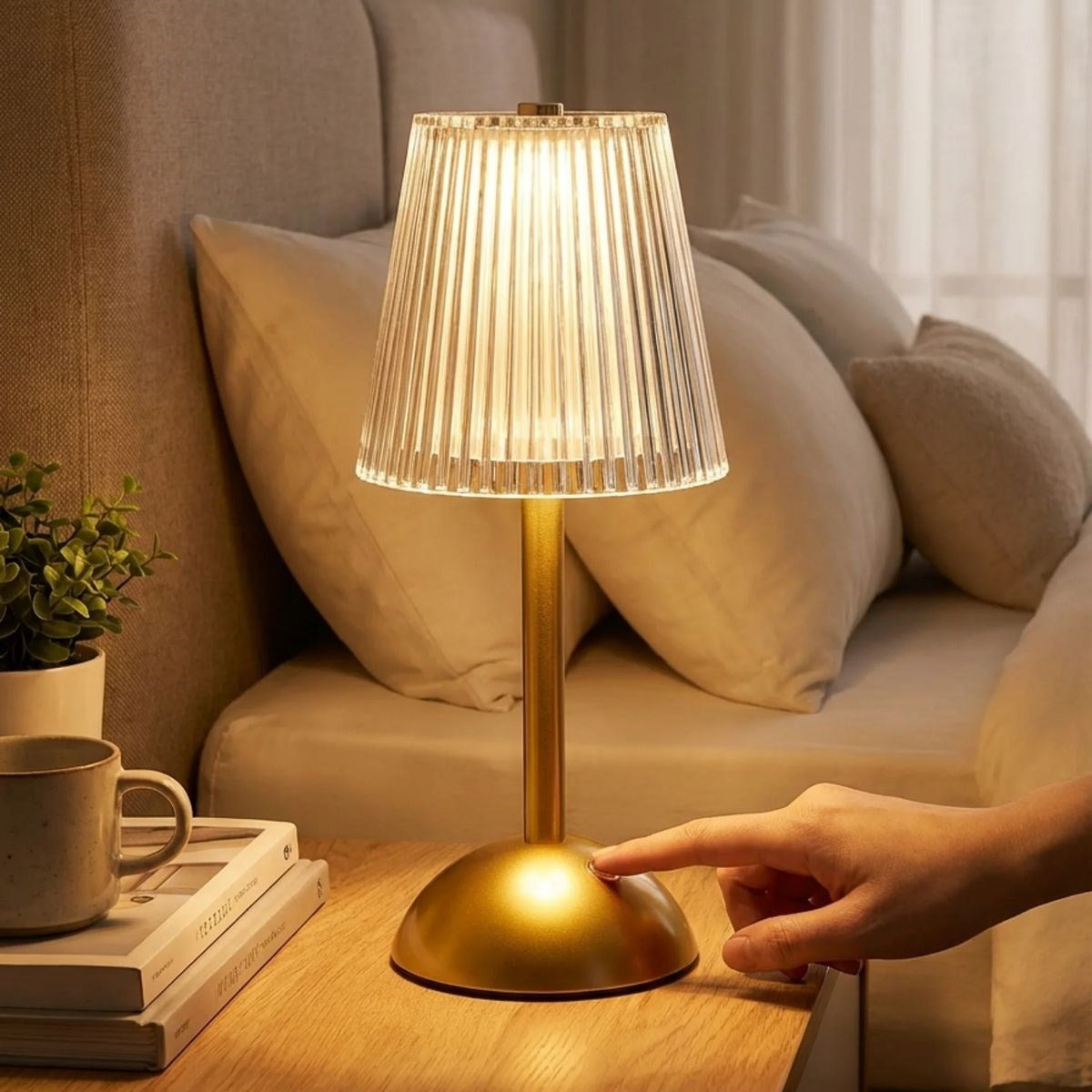 Uzun Klasik Çizgili Model LED Masa Lambası – Dokunmatik, 3 Renk Işık Modlu, Şarjlı Dekoratif Gece Lambası (5643)