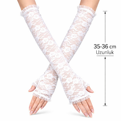 Uzun Zarif Dantel Eldiven Parmaksız Beyaz 35 cm (5643)