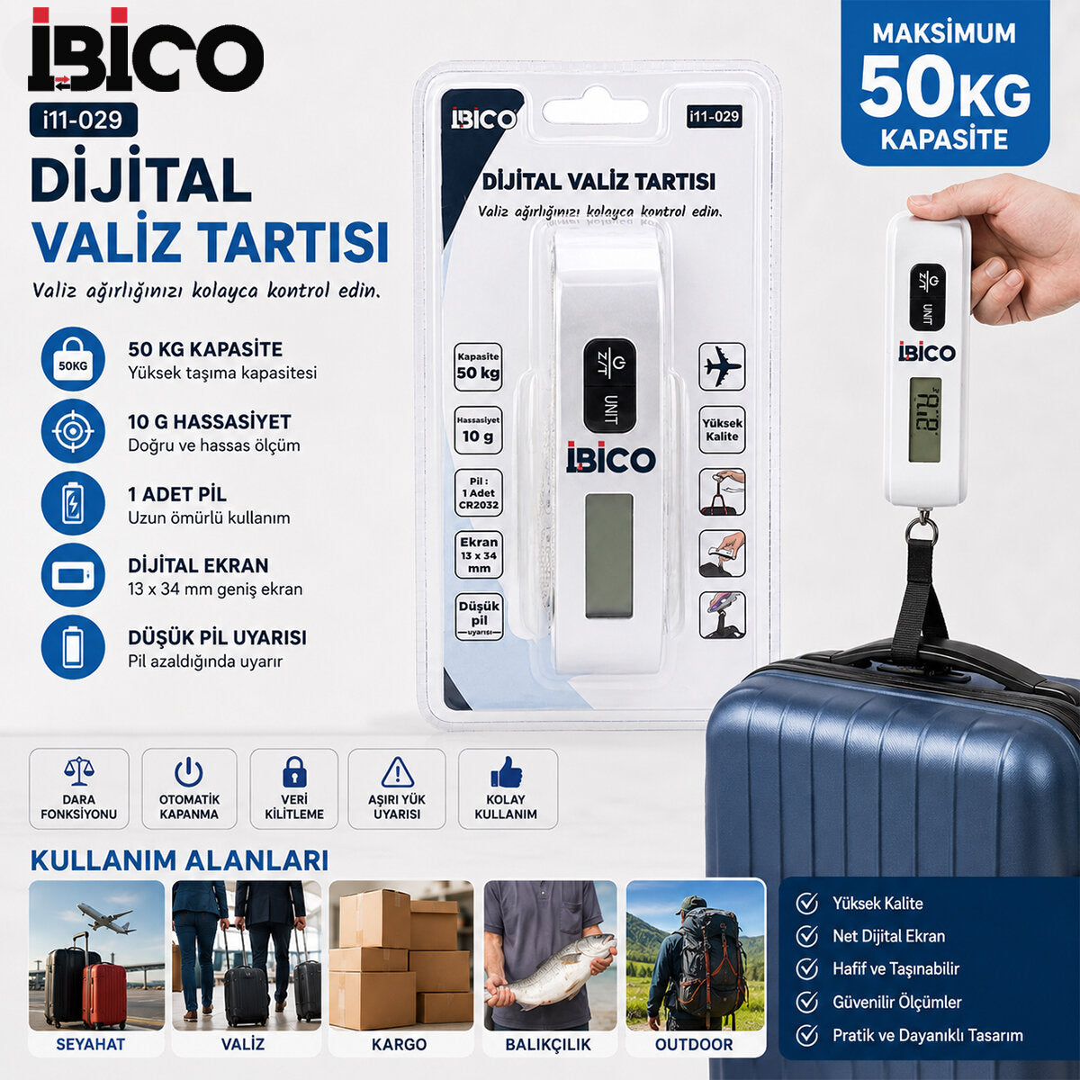 VALİZ MODEL DİJİTAL VALİZ TERAZİ TARTI KANTAR PİLLİ MAX=50KG HASASSİYET = 10GR İ11-029 (5643)