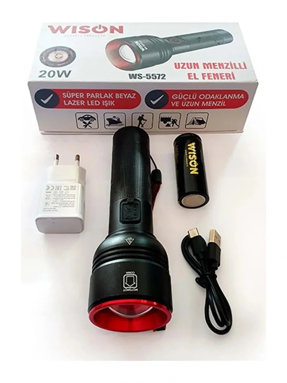 WISON WS-5572 20W Uzun Menzilli Şarjlı Metal El Feneri (5643)