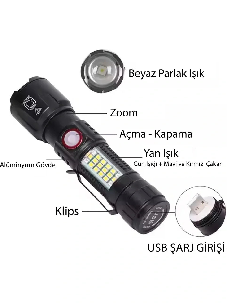 WS-2828 Ultra USB Şarjlı Polis El Feneri, Bekçi, Asker El Feneri Kırmızı Mavi Çakarlı 1000 Lümen (5643)