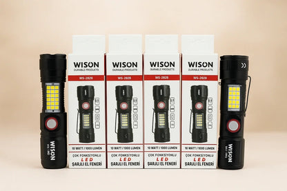 WS-2828 Ultra USB Şarjlı Polis El Feneri, Bekçi, Asker El Feneri Kırmızı Mavi Çakarlı 1000 Lümen (5643)