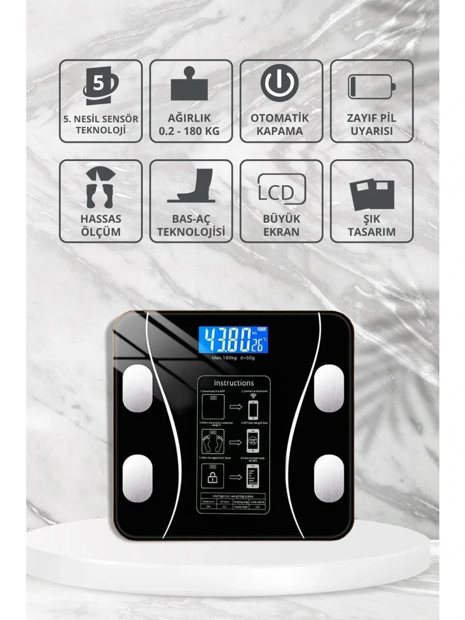 Yağ Ölçer Fonksiyonlu Dijital Baskül Elektronik Tartı Akıllı Bluetooth Lcd Dijital Ekran Ev Vücut (5643)