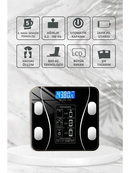 Yağ Ölçer Fonksiyonlu Dijital Baskül Elektronik Tartı Akıllı Bluetooth Lcd Dijital Ekran Ev Vücut (5643)