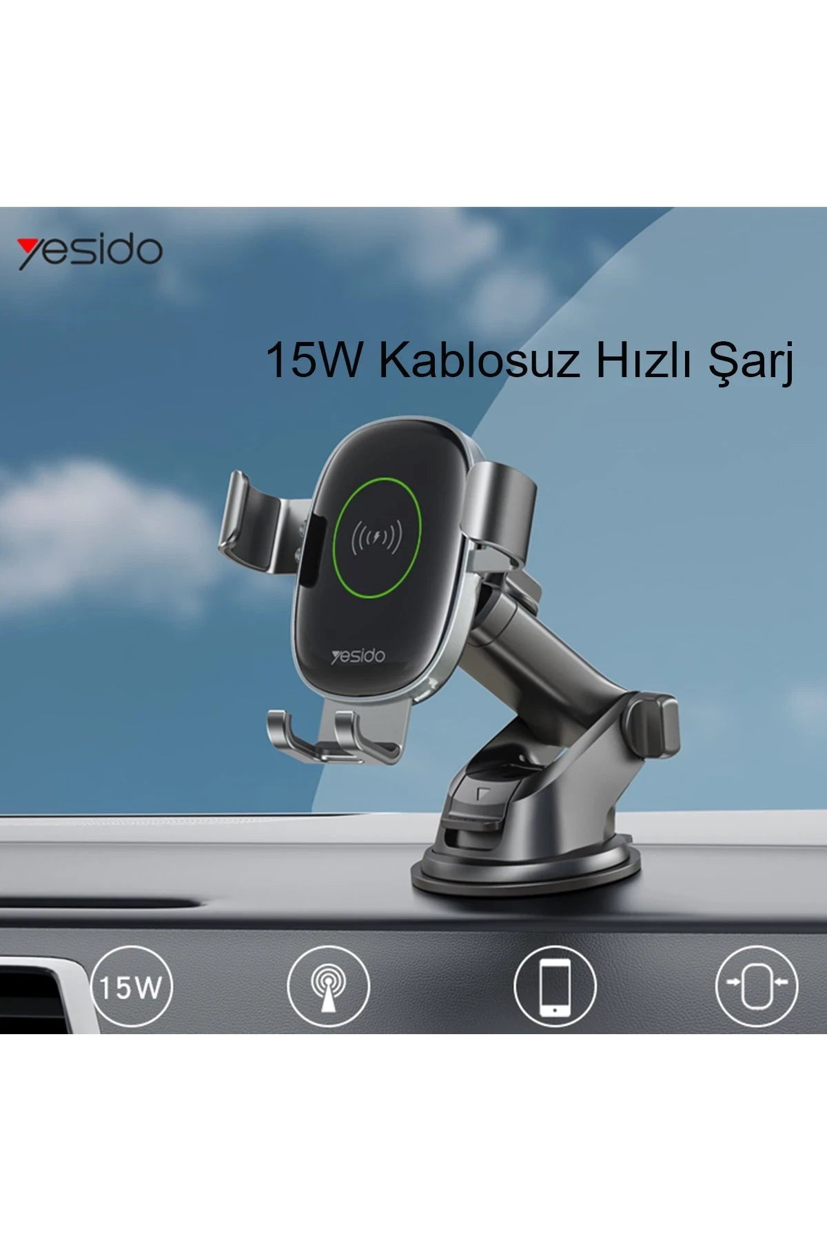 Yesido C123 Vantuzlu 15W Kablosuz Şarjlı Araç Tutucu - Siyah