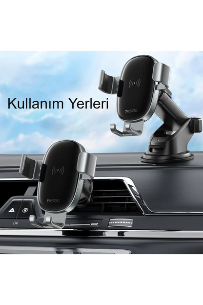 Yesido C123 Vantuzlu 15W Kablosuz Şarjlı Araç Tutucu - Siyah