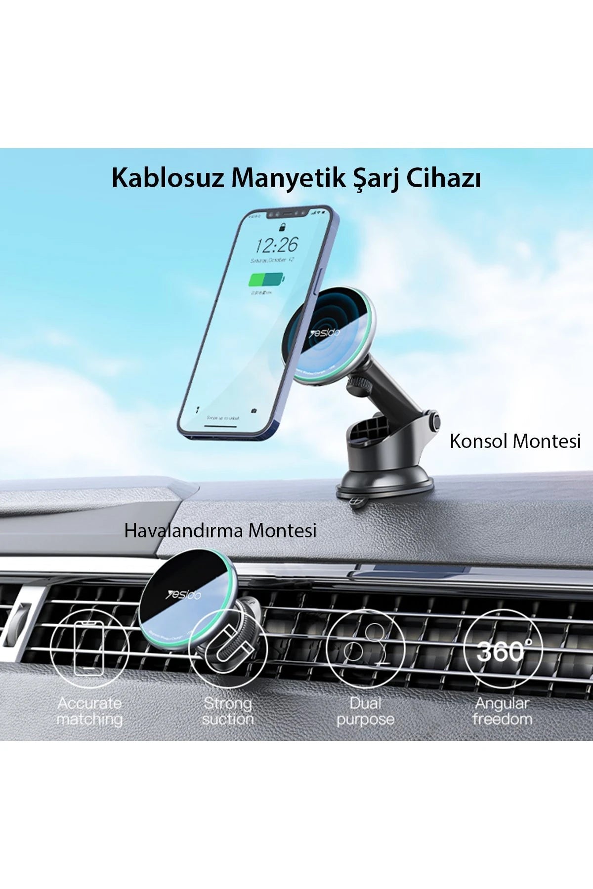Yesido C132 15W Kablosuz Şarjlı Mıknatıslı Vantuzlu Ayarlanabilir Magsafe Araç Tutucu - Siyah