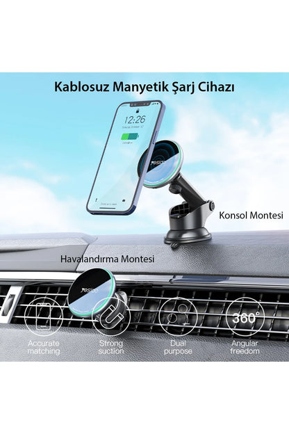 Yesido C132 15W Kablosuz Şarjlı Mıknatıslı Vantuzlu Ayarlanabilir Magsafe Araç Tutucu - Siyah