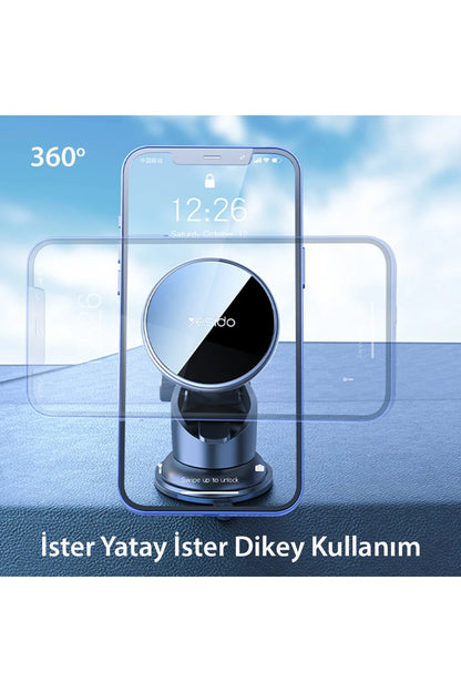 Yesido C132 15W Kablosuz Şarjlı Mıknatıslı Vantuzlu Ayarlanabilir Magsafe Araç Tutucu - Siyah