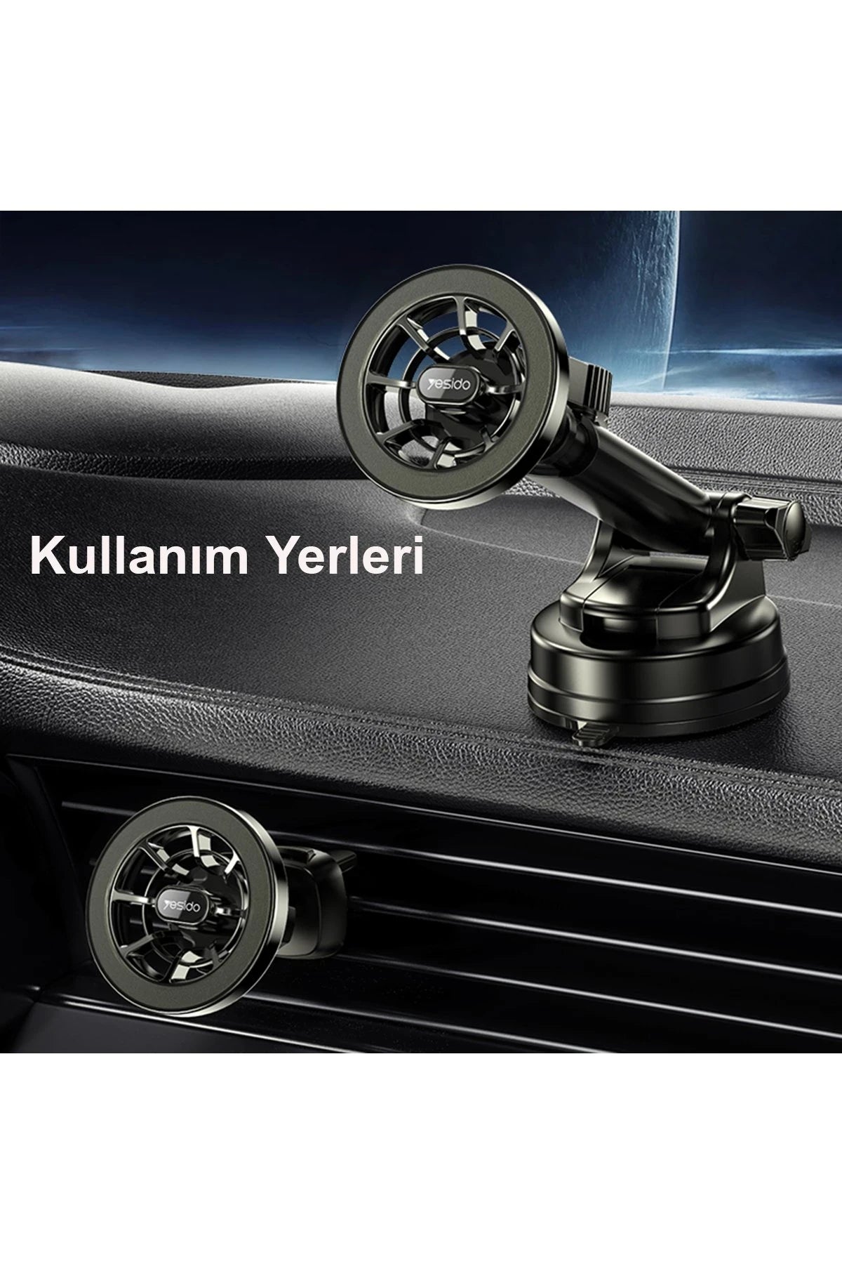 Yesido C158 2in1 Izgara Klipsli ve Vantuzlu 360 Derece Ayarlanabilir Manyetik Magsafe Araç Tutucu - Siyah