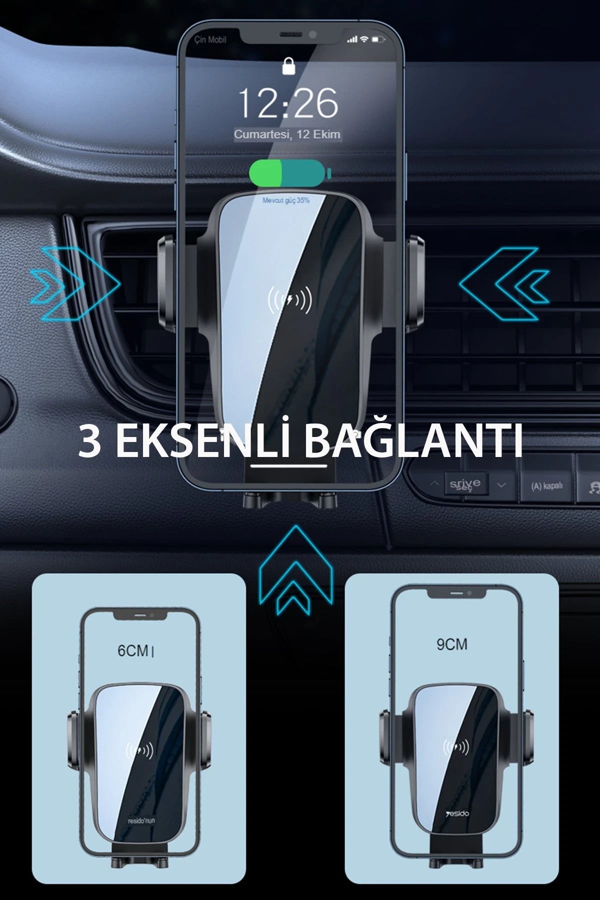 Yesido C186 Izgara Klipsli ve Vantuzlu 15W Kablosuz Şarjlı Araç Tutucu - Siyah
