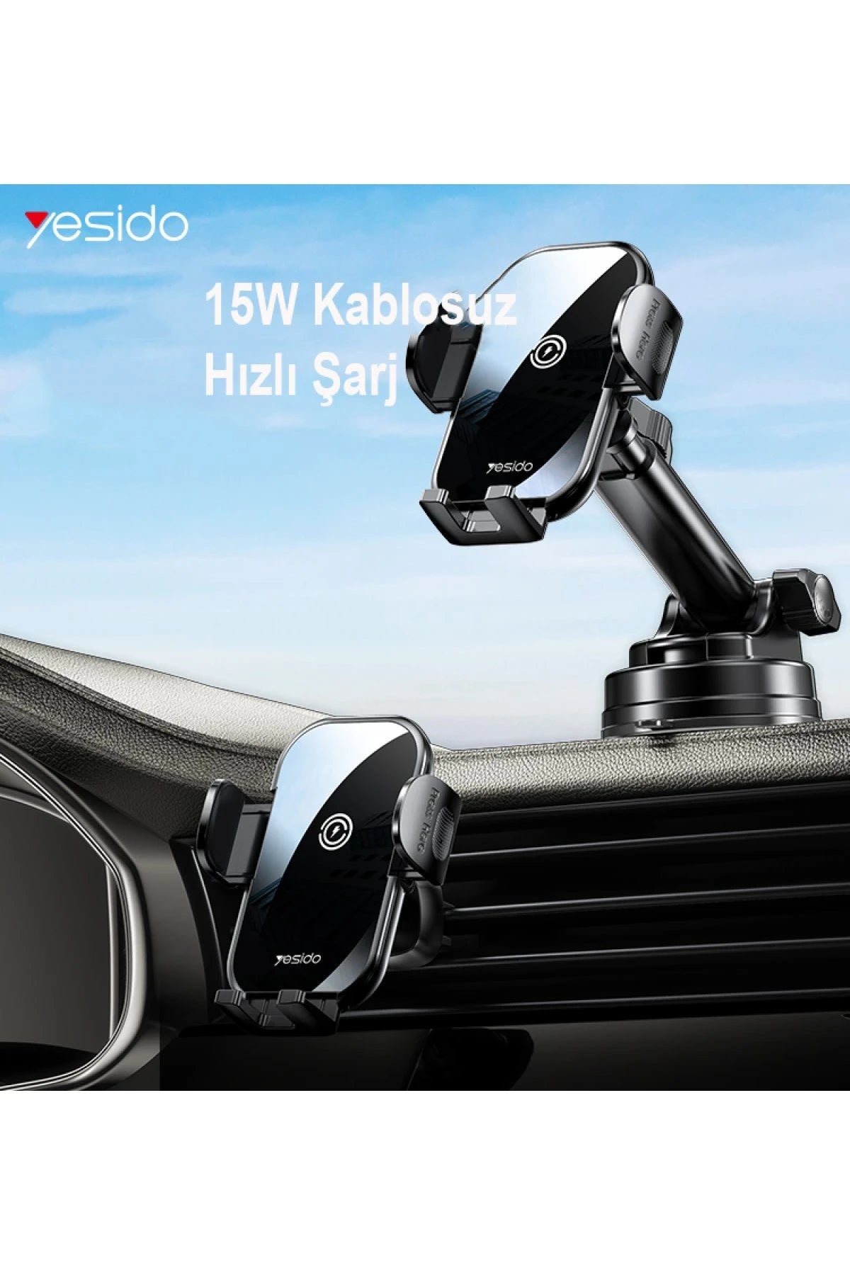 Yesido C197 2in1 Izgara Klipsli ve Yapışkanlı 360 Derece Ayarlanabilir Cam Yüzeyli 15W Kablosuz Şarjlı Araç Tutucu - Siyah