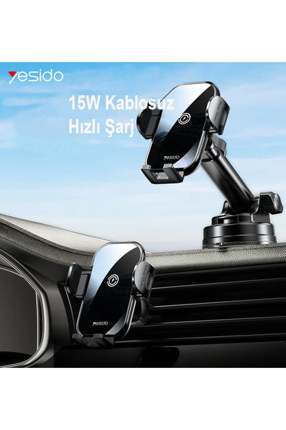 Yesido C197 2in1 Izgara Klipsli ve Yapışkanlı 360 Derece Ayarlanabilir Cam Yüzeyli 15W Kablosuz Şarjlı Araç Tutucu - Siyah