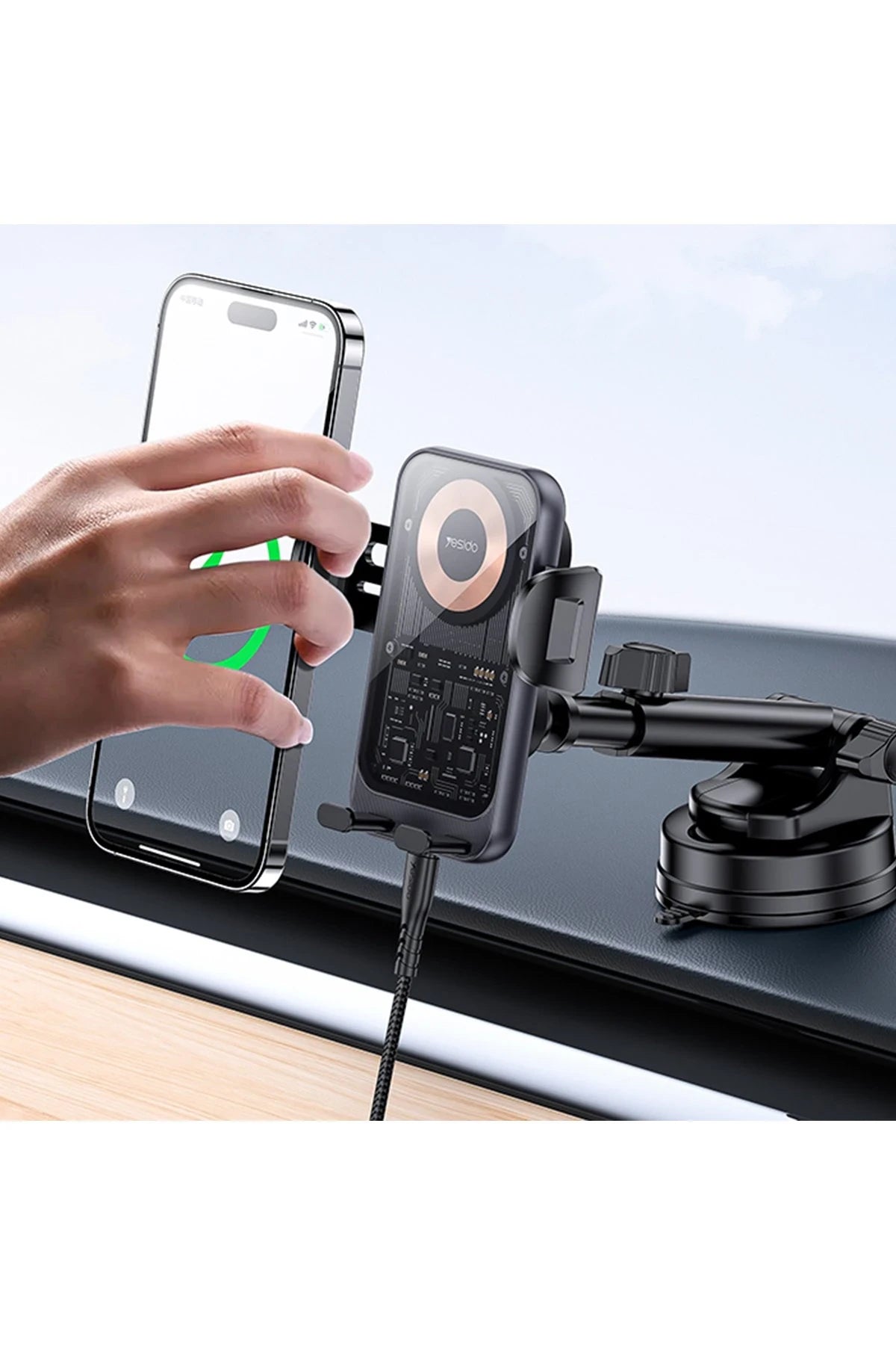Yesido C307 Yapışkanlı 360 Derece Ayarlanabilir Cam Yüzeyli 15W Kablosuz Şarjlı Magsafe Araç Tutucu - Siyah