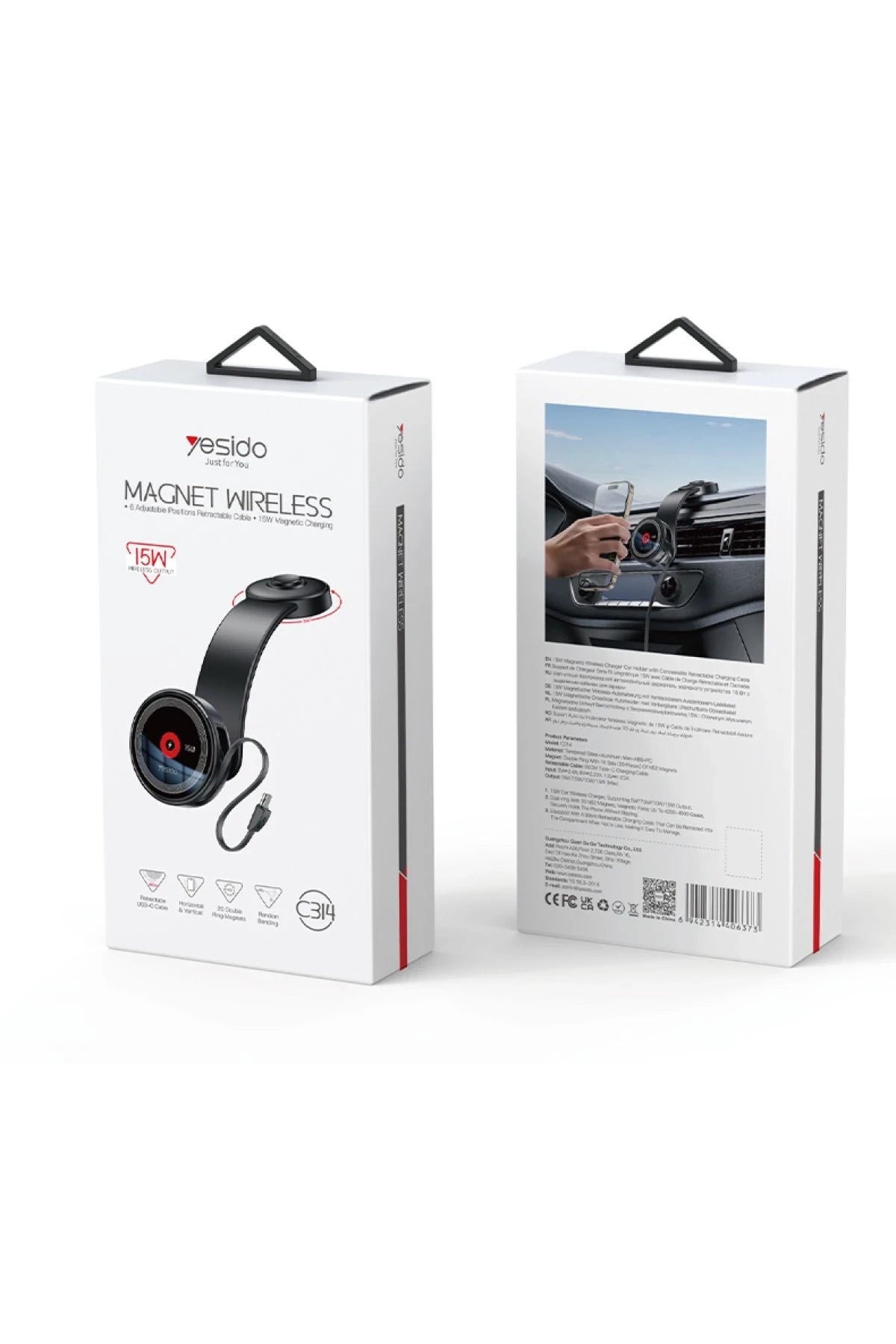 Yesido C314 Yapışkanlı 360 Derece Ayarlanabilir Cam Yüzeyli 15W Kablosuz Şarjlı Ekstra 90 Cm Dahili Type-C Kablolu Magsafe Araç Tutucu - Siyah