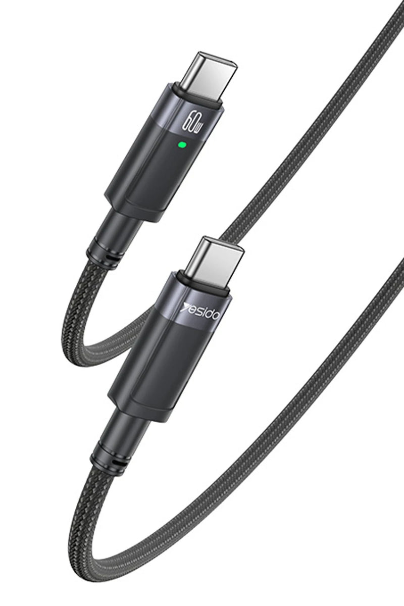 Yesido CA160 1.2M 60W Type-C to Type-C Otomatik Şarj Kesme Özellikli PD Hızlı Şarj Kablosu - Siyah