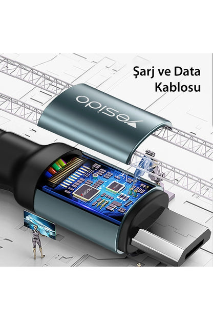 Yesido CA74 1.2M 2.4A Hasırlı Usb to Lightning Hızlı Şarj Kablosu - Siyah
