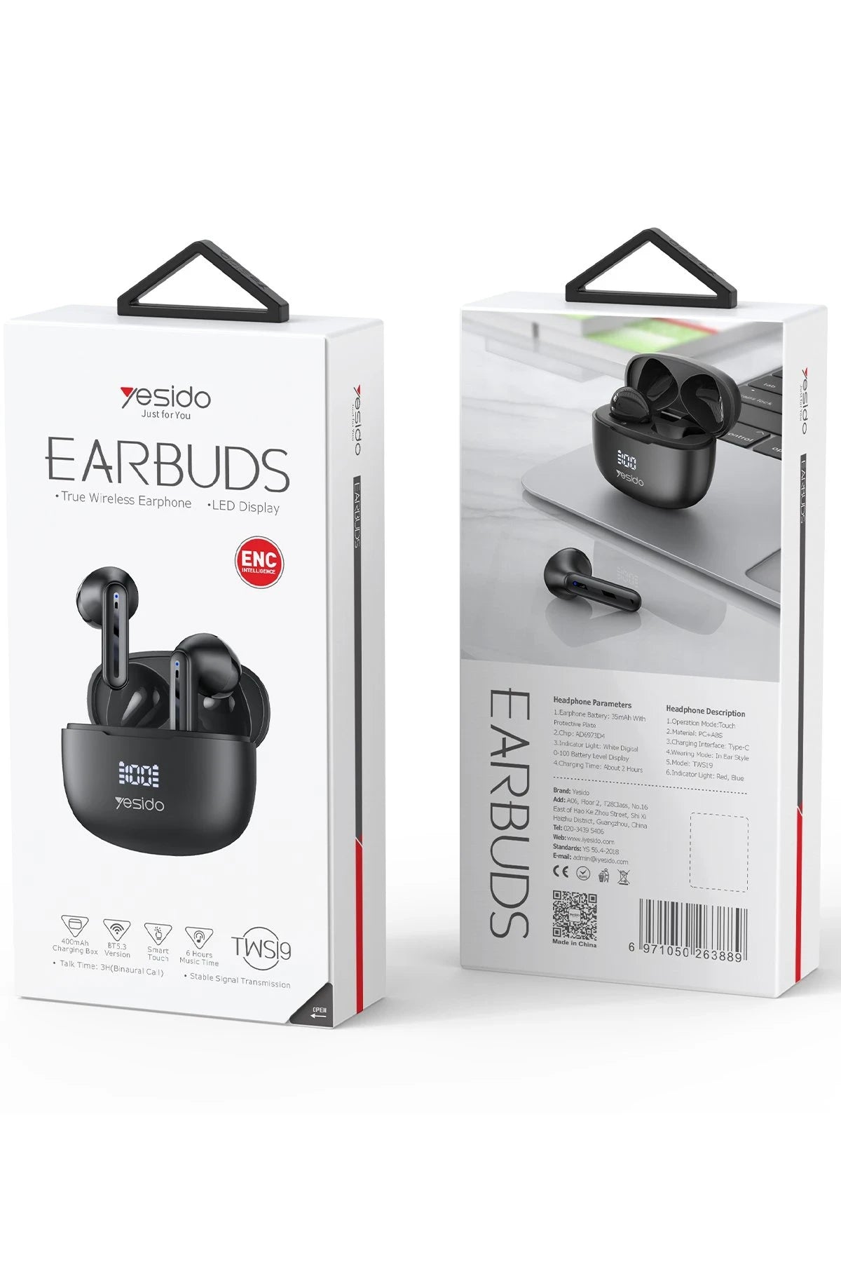 Yesido TWS19 Aktif Gürültü Engelleyici Özellikli Dijital Şarj Göstergeli BT 5.3 Kablosuz Airpods Kulaklık - Siyah