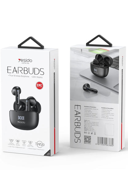 Yesido TWS19 Aktif Gürültü Engelleyici Özellikli Dijital Şarj Göstergeli BT 5.3 Kablosuz Airpods Kulaklık - Siyah