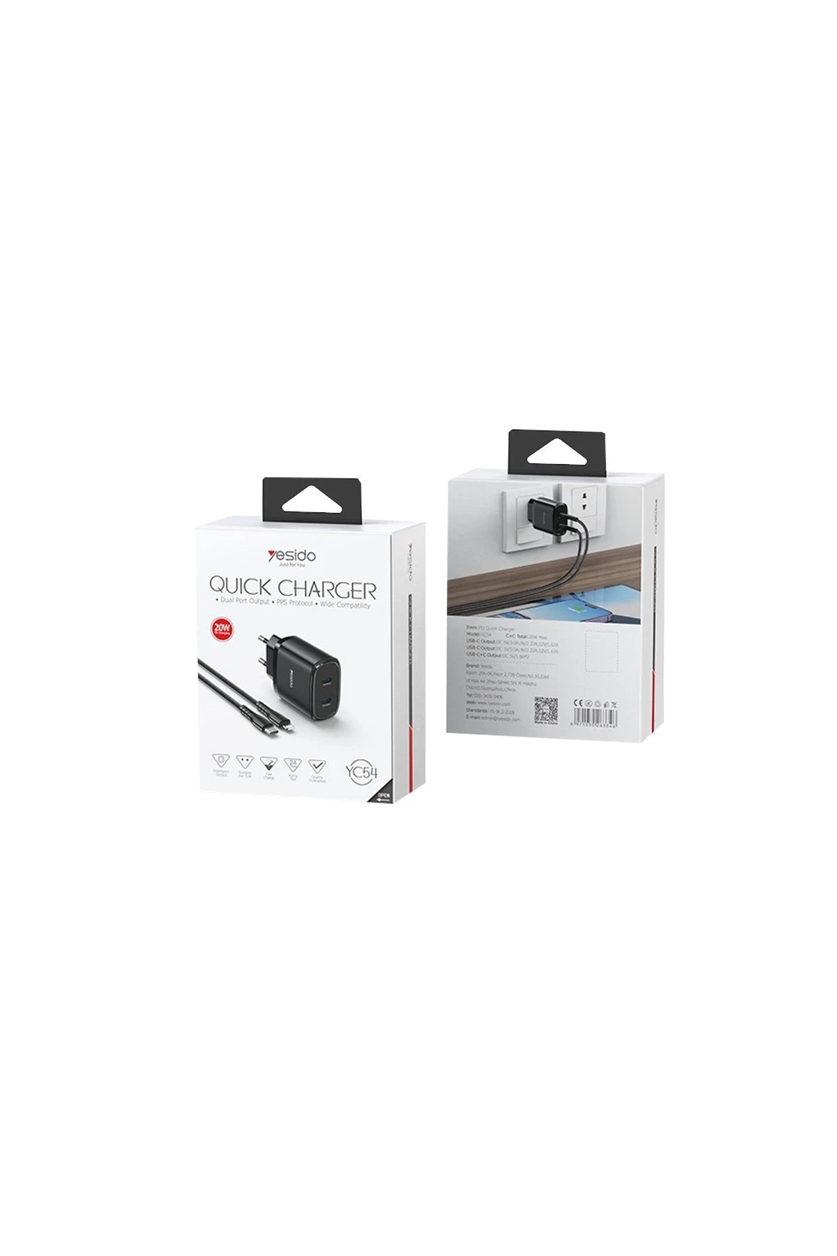 Yesido YC54 2 Adet 20W Type-C Çıkışlı ve 1M 27W Type-C to Lightning Kablolu PD Şarj Cihazı - Siyah