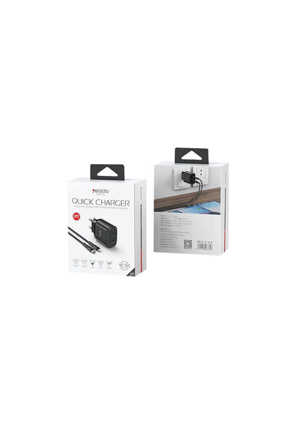 Yesido YC54 2 Adet 20W Type-C Çıkışlı ve 1M 27W Type-C to Lightning Kablolu PD Şarj Cihazı - Siyah