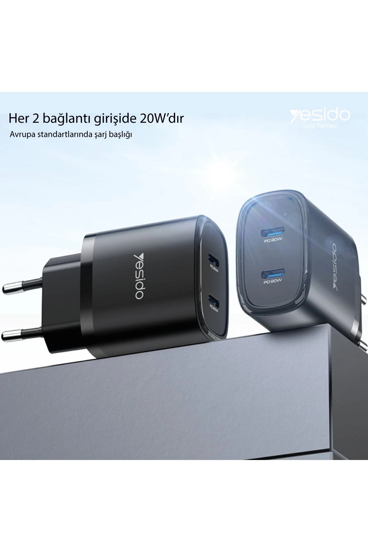Yesido YC54 2 Adet 20W Type-C Çıkışlı ve 1M 27W Type-C to Lightning Kablolu PD Şarj Cihazı - Siyah