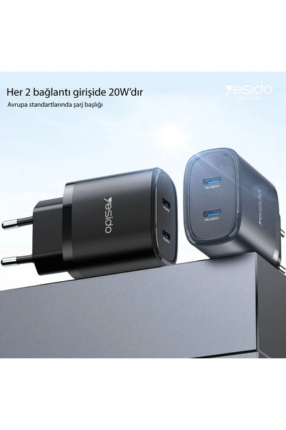 Yesido YC54 2 Adet 20W Type-C Çıkışlı ve 1M 27W Type-C to Lightning Kablolu PD Şarj Cihazı - Siyah