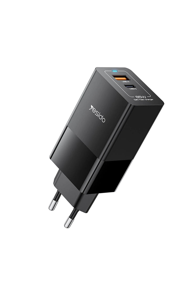 Yesido YC73 1 Adet 65W Type-C / 1 Adet 18W USB Çıkışlı Ekstra 1M Type-C to Type-C Kablolu GAN Hızlı Şarj Cihazı - Siyah