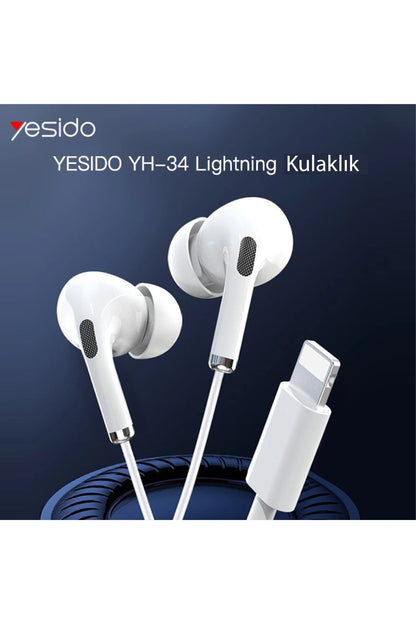 Yesido YH34 1.2M Yüksek Baslı Lightning Bluetooth Kablolu Kulaklık - Beyaz