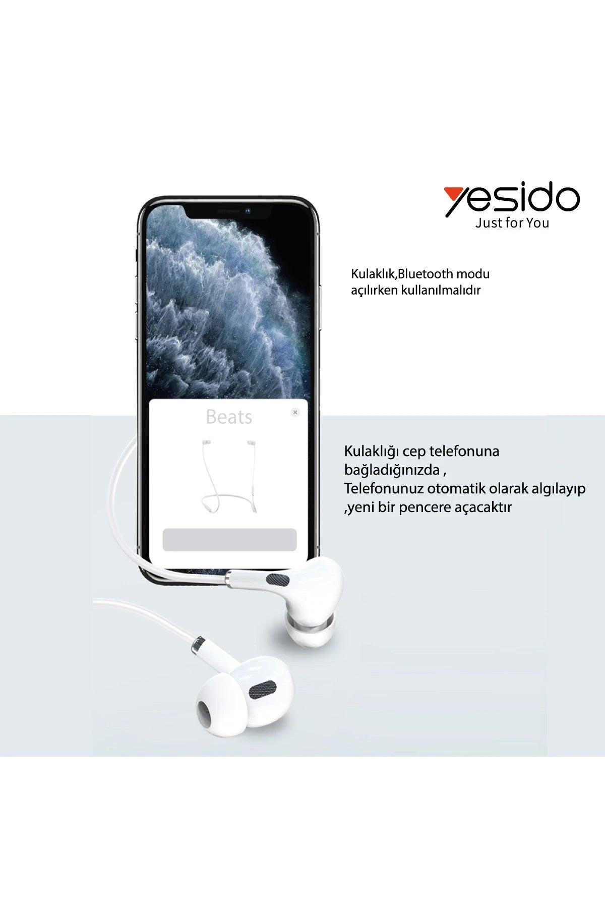 Yesido YH34 1.2M Yüksek Baslı Lightning Bluetooth Kablolu Kulaklık - Beyaz