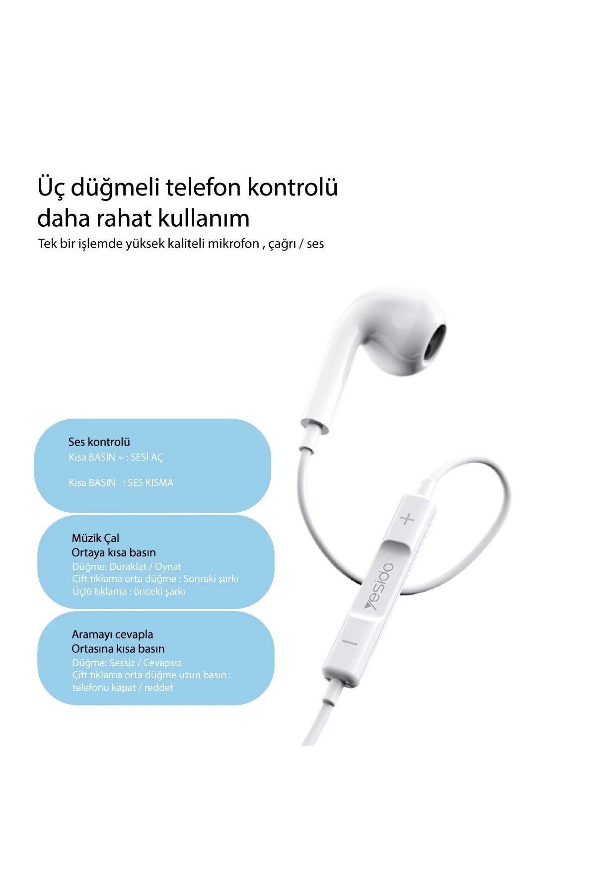 Yesido YH37 1.2M Lightning Bluetooth Kablolu Kulaklık - Beyaz