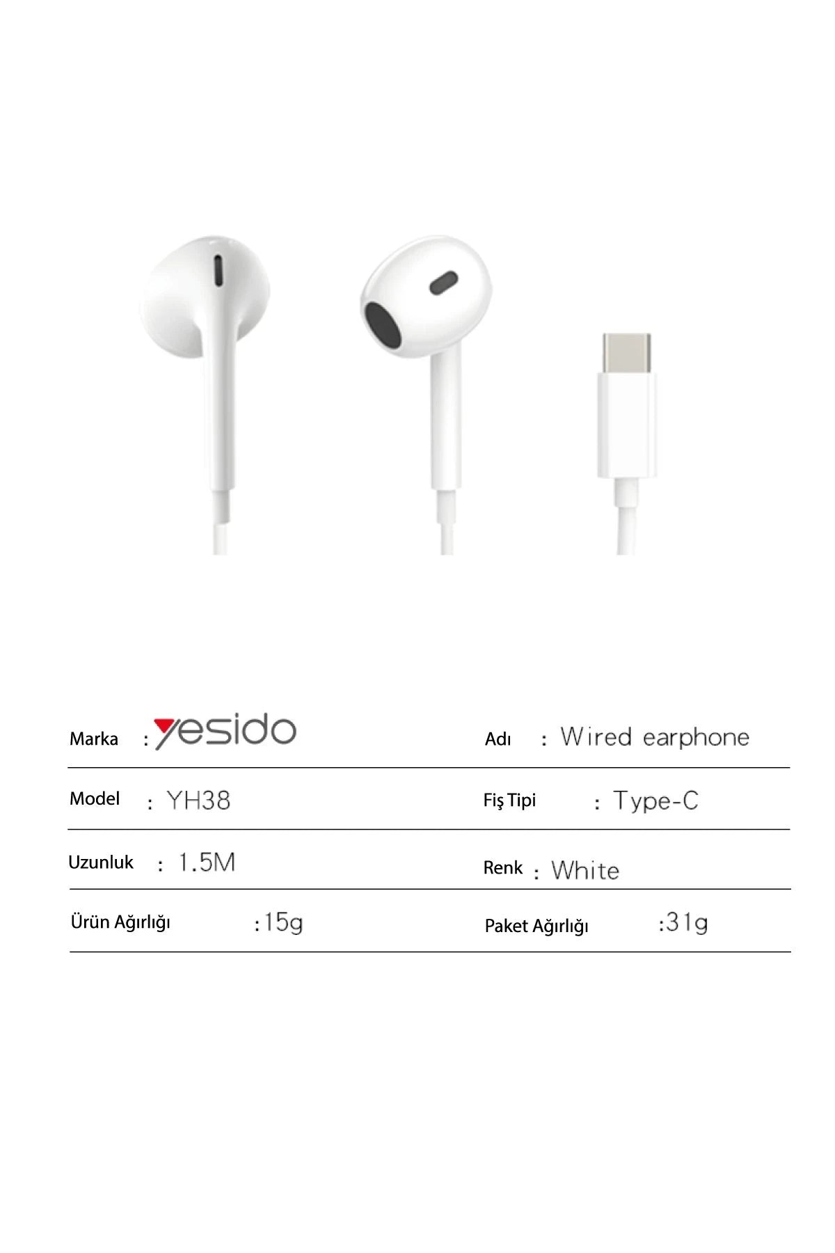 Yesido YH38 1.2M Yüksek Baslı Type-C Kablolu Kulaklık - Beyaz