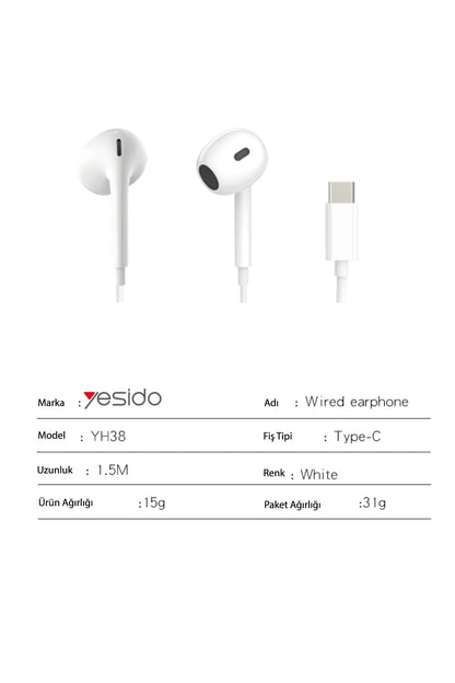 Yesido YH38 1.2M Yüksek Baslı Type-C Kablolu Kulaklık - Beyaz