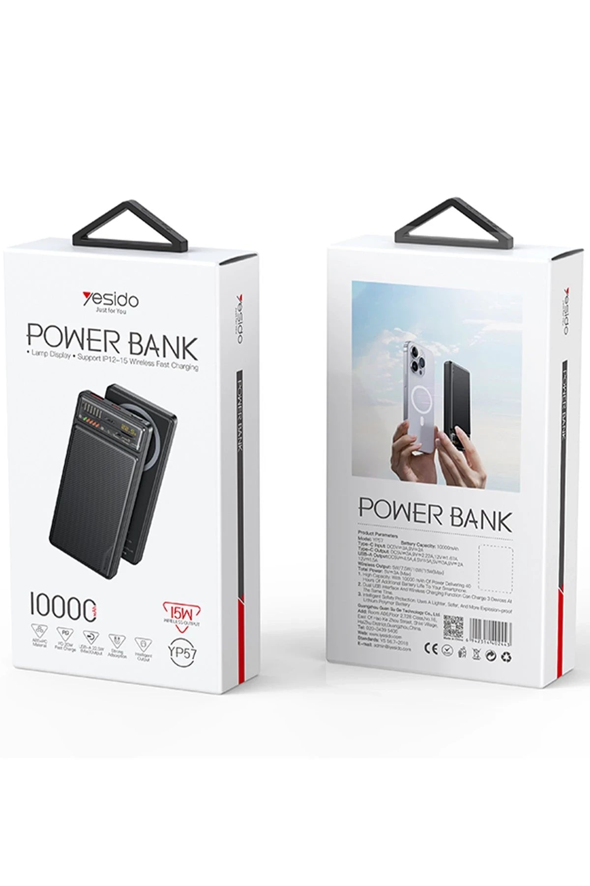 Yesido YP57 10.000 mAh Led Şarj Göstergeli 22.5W USB3.0 ve 20W Type-C Çıkışlı 15W Kablosuz Şarjlı PD Hızlı Şarj Magsafe Powerbank - Siyah