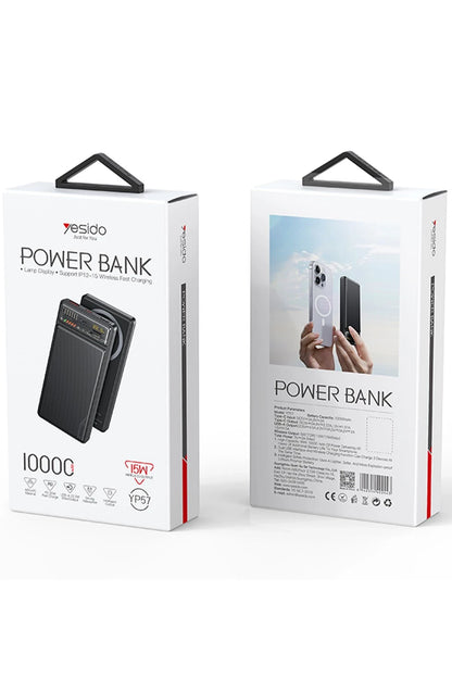 Yesido YP57 10.000 mAh Led Şarj Göstergeli 22.5W USB3.0 ve 20W Type-C Çıkışlı 15W Kablosuz Şarjlı PD Hızlı Şarj Magsafe Powerbank - Siyah